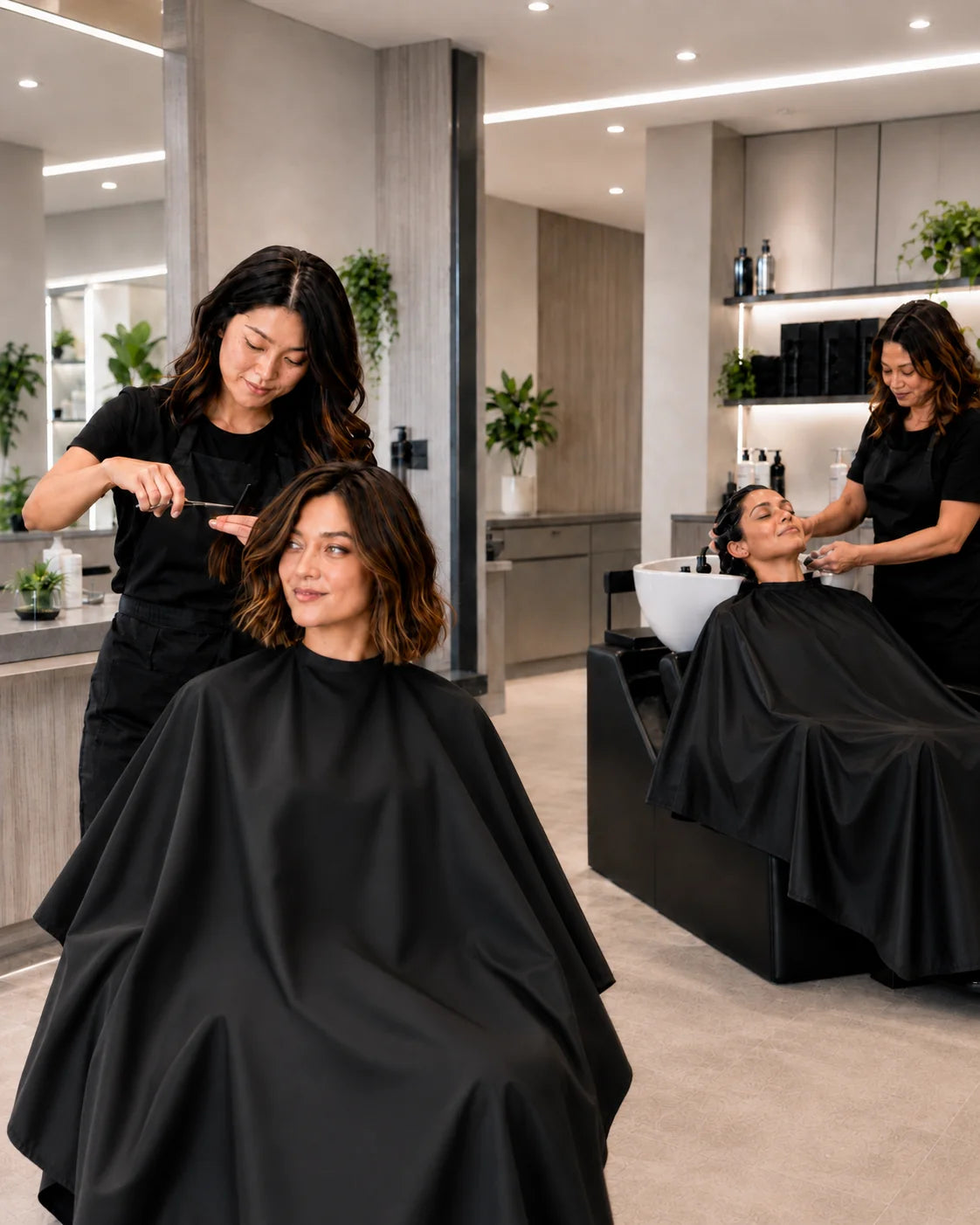 Stylist cutting a client’s hair in a black SalonCapes cutting cape while another client receives a shampoo service in a chemical cape.