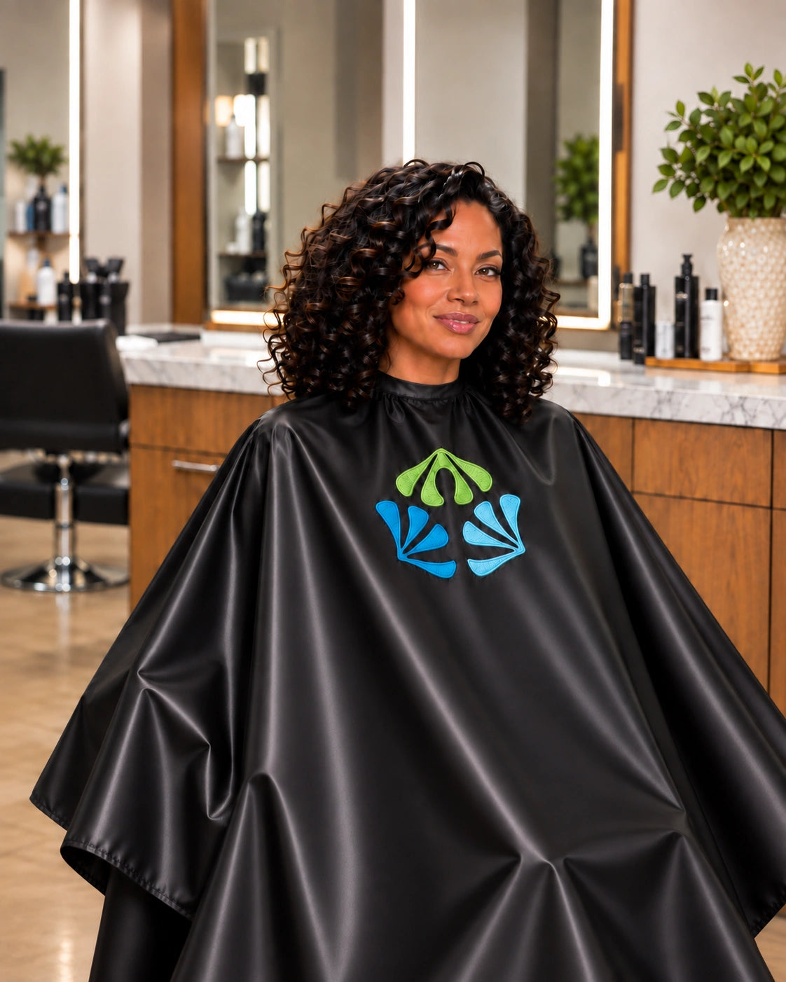 Black iridescent SalonCapes cutting cape embroidered with Triniti Salon logo