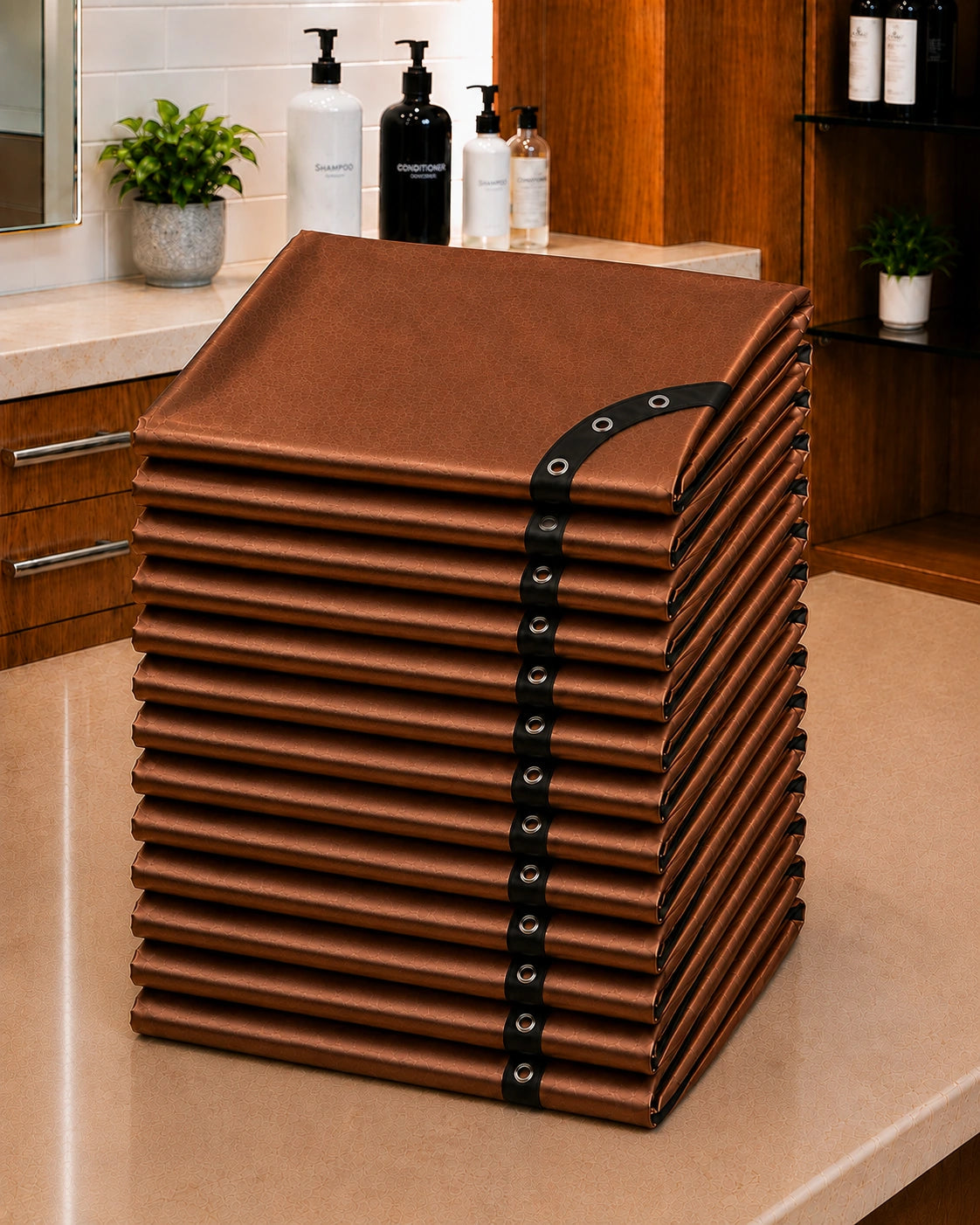 Stack of 13 copper iridescent SalonCapes cutting capes representing the Baker’s Dozen bulk purchase option