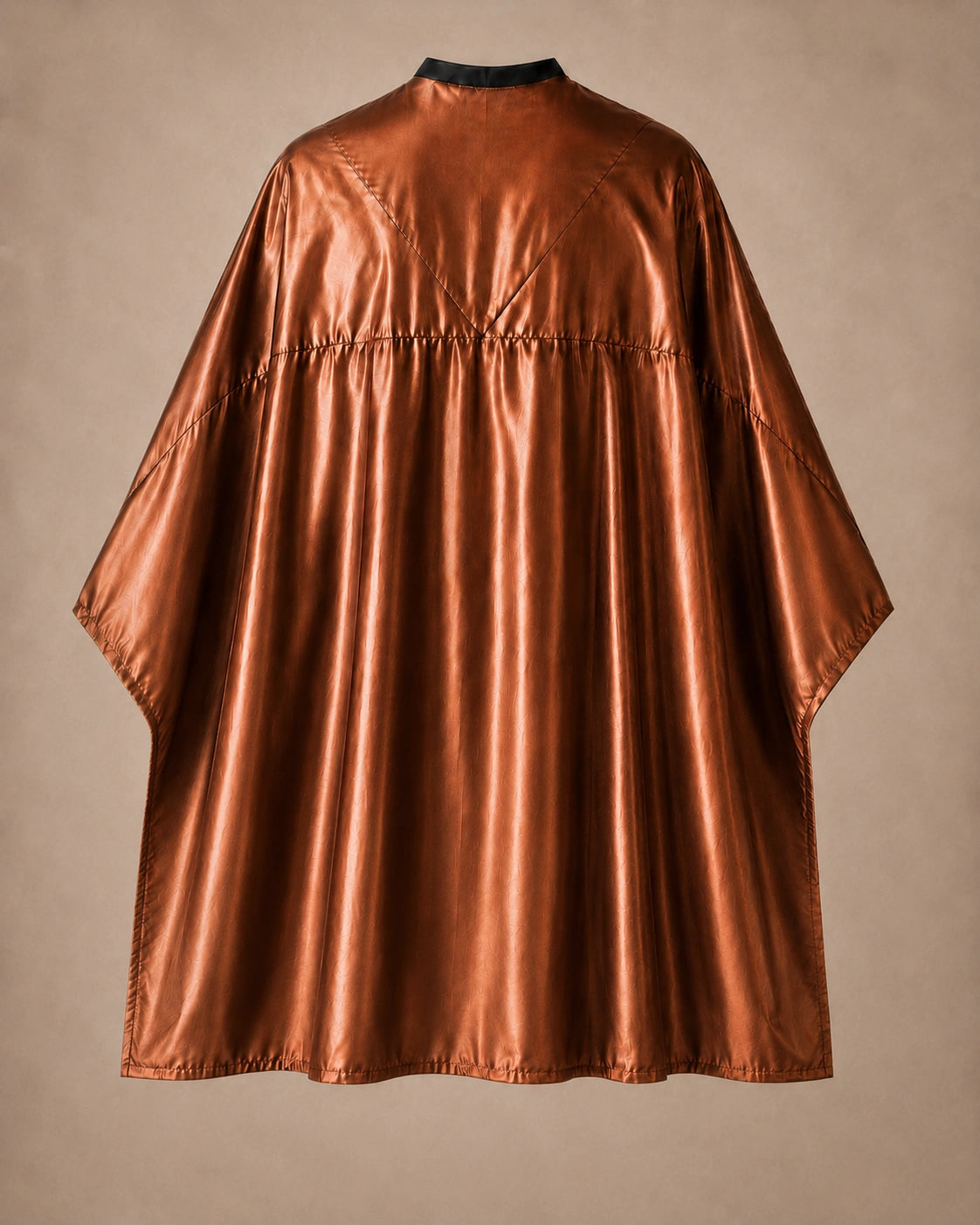 Copper SalonCapes reversible chemical cape back view showing black collar and reversible seam construction
