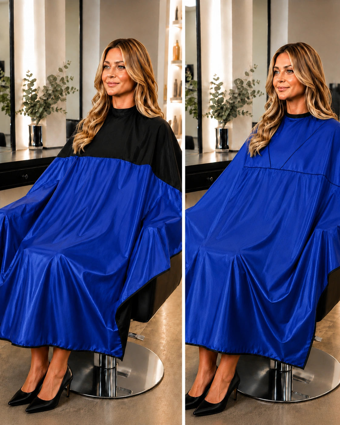 SalonCapes reversible chemical cape showing contrasting sides and reversible construction