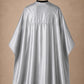 Silver SalonCapes reversible chemical cape back view showing black collar and reversible seam construction