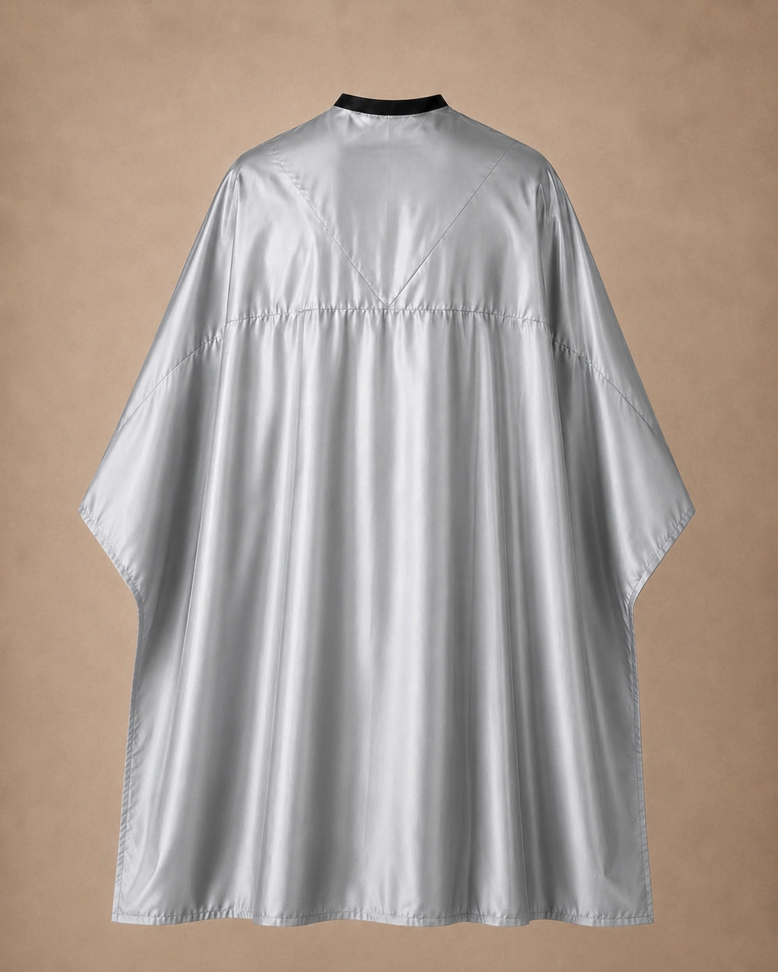 Silver SalonCapes reversible chemical cape back view showing black collar and reversible seam construction