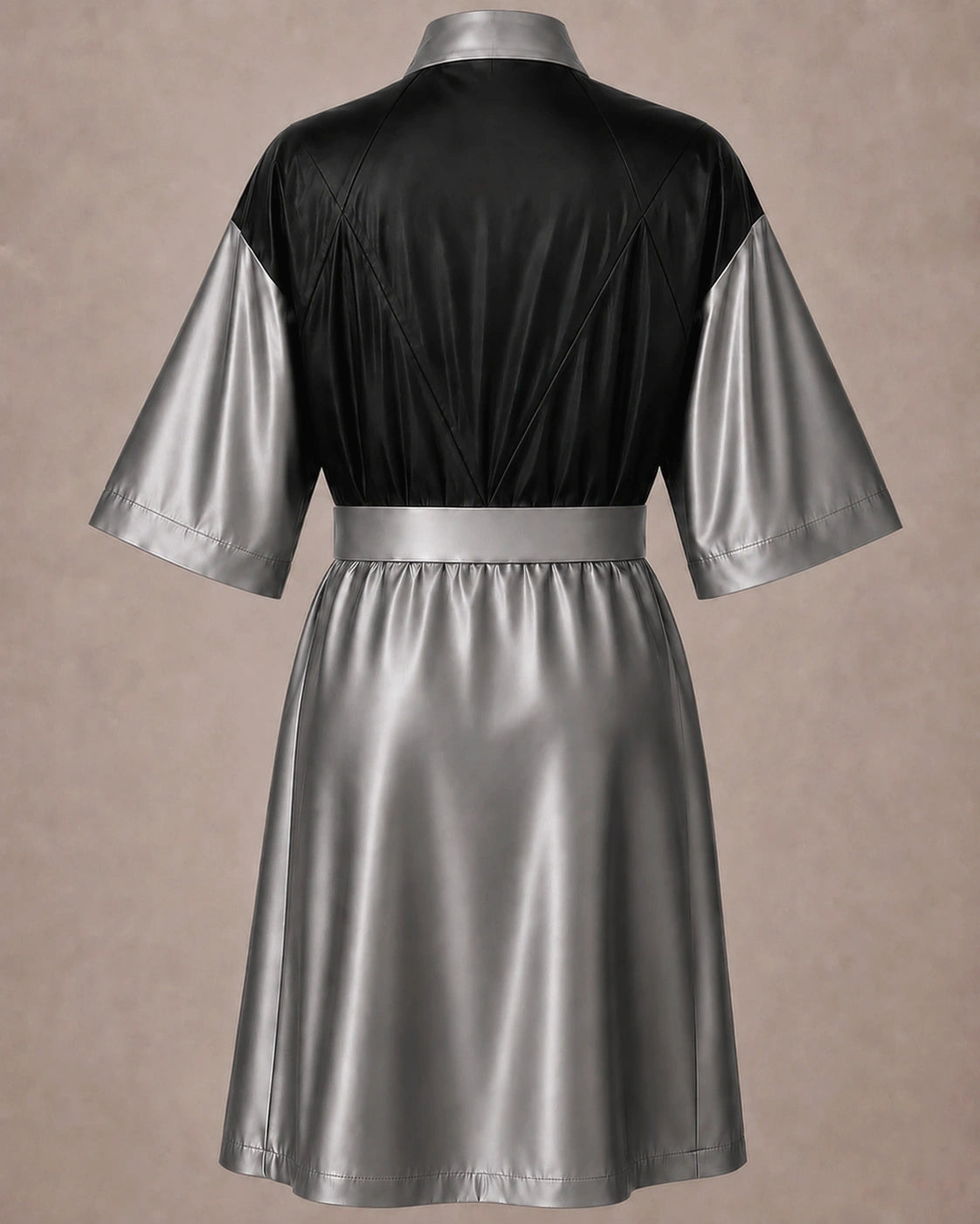 Silver Iridescent Kimono Client Robe back view with waterproof black back panel