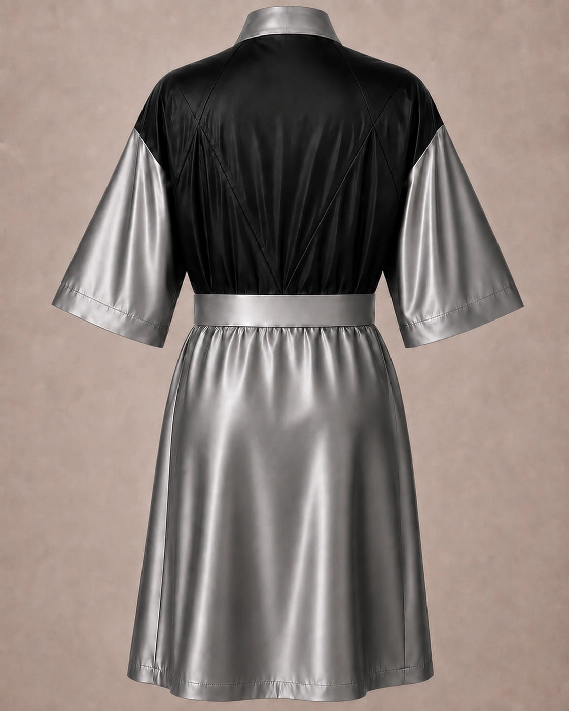 Silver Iridescent Kimono Client Robe back view with waterproof black back panel