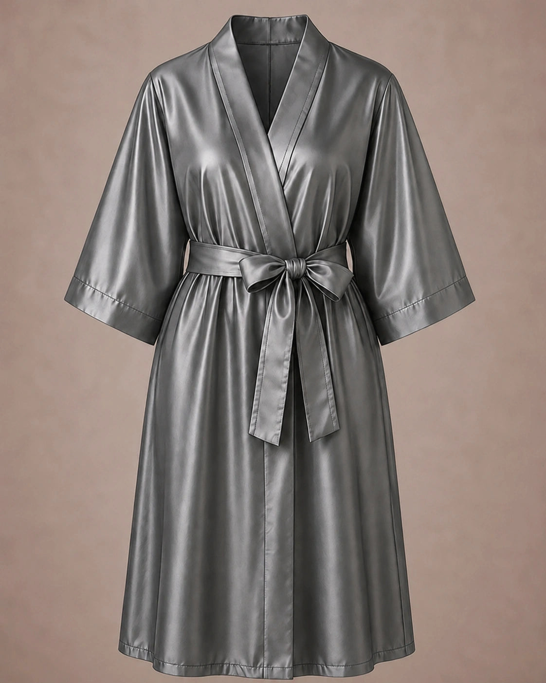 Silver iridescent Kimono Client Robe front view with matching waist belt