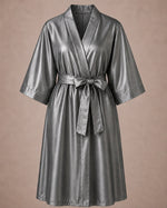 Silver Iridescent Kimono Client Robe front view with matching waist belt