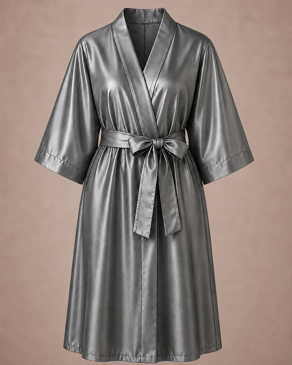 Silver Iridescent Kimono Client Robe front view with matching waist belt