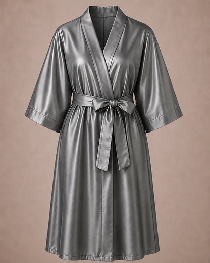 Silver Iridescent Kimono Client Robe front view with matching waist belt